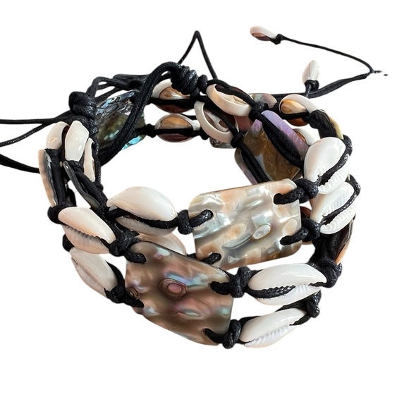 Boho Cowrie & Abalone Shell BeltAdjustable Black Cord Coastal Waist Belt
